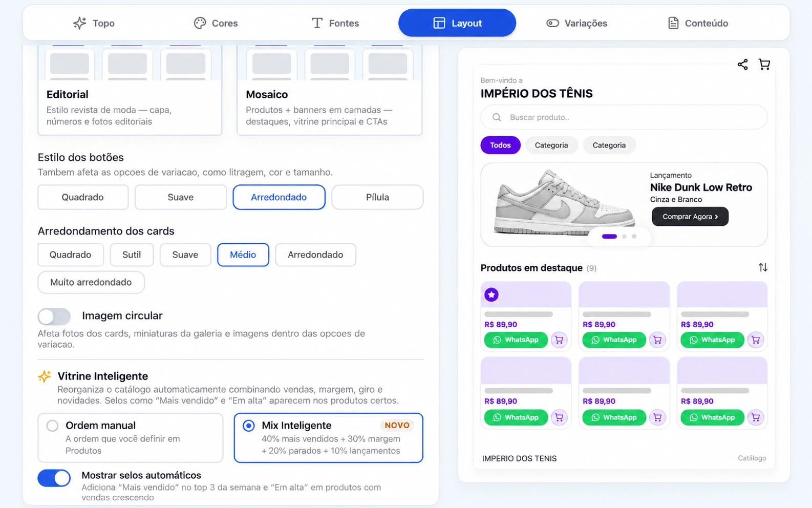 Tela real da Vitrizy com opções de layout e botões ao lado da prévia de um catálogo de calçados