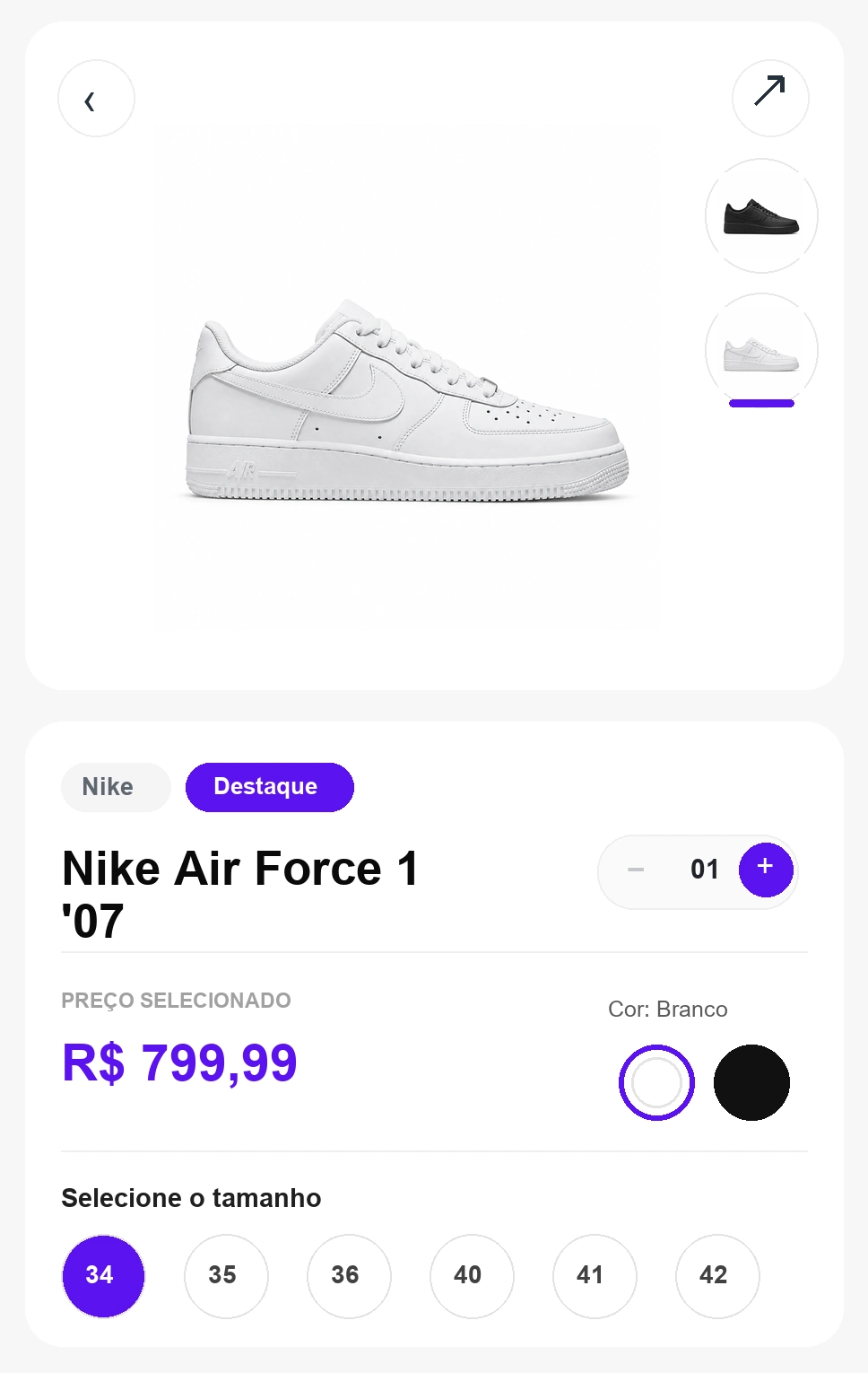 Página de um tênis no catálogo digital, com opções de cor e detalhes do produto
