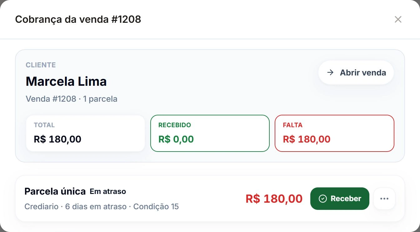 Cobrança real de Marcela Lima: venda 1208, parcela única de R$ 180 em atraso, sem valor recebido