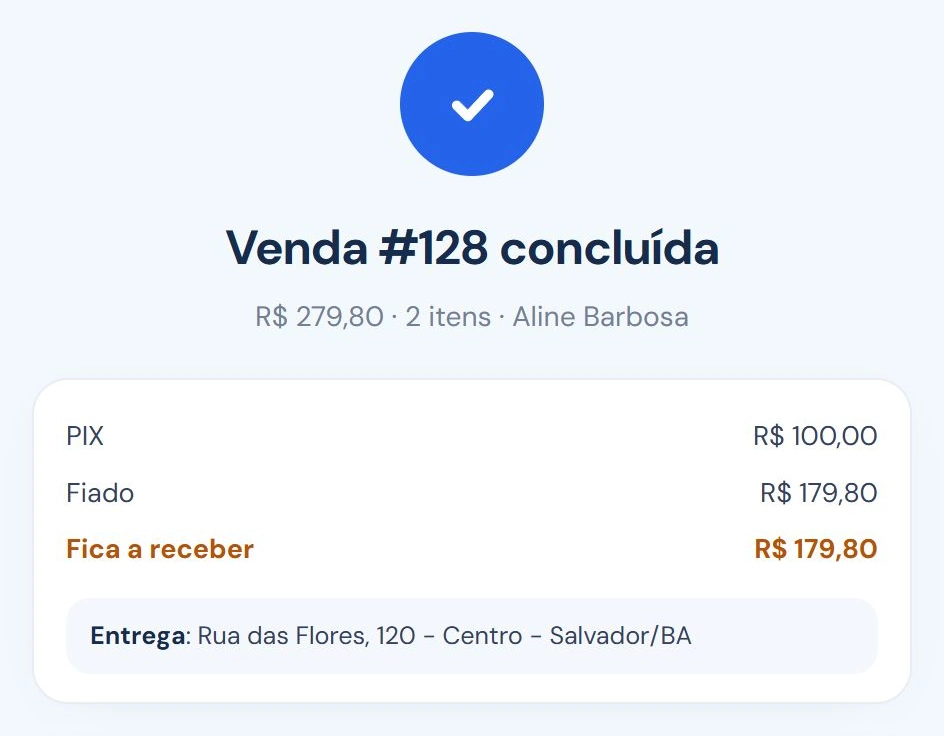 Resumo real da venda de Aline Barbosa: R$ 279,80 no total, R$ 100 no Pix e R$ 179,80 no fiado