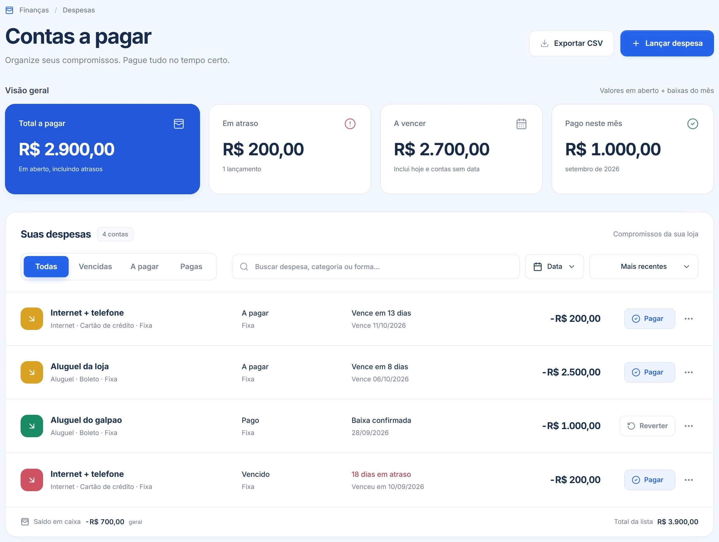 Contas a pagar no aplicativo: compromissos em aberto, vencidos, pagos no mês e despesas identificadas