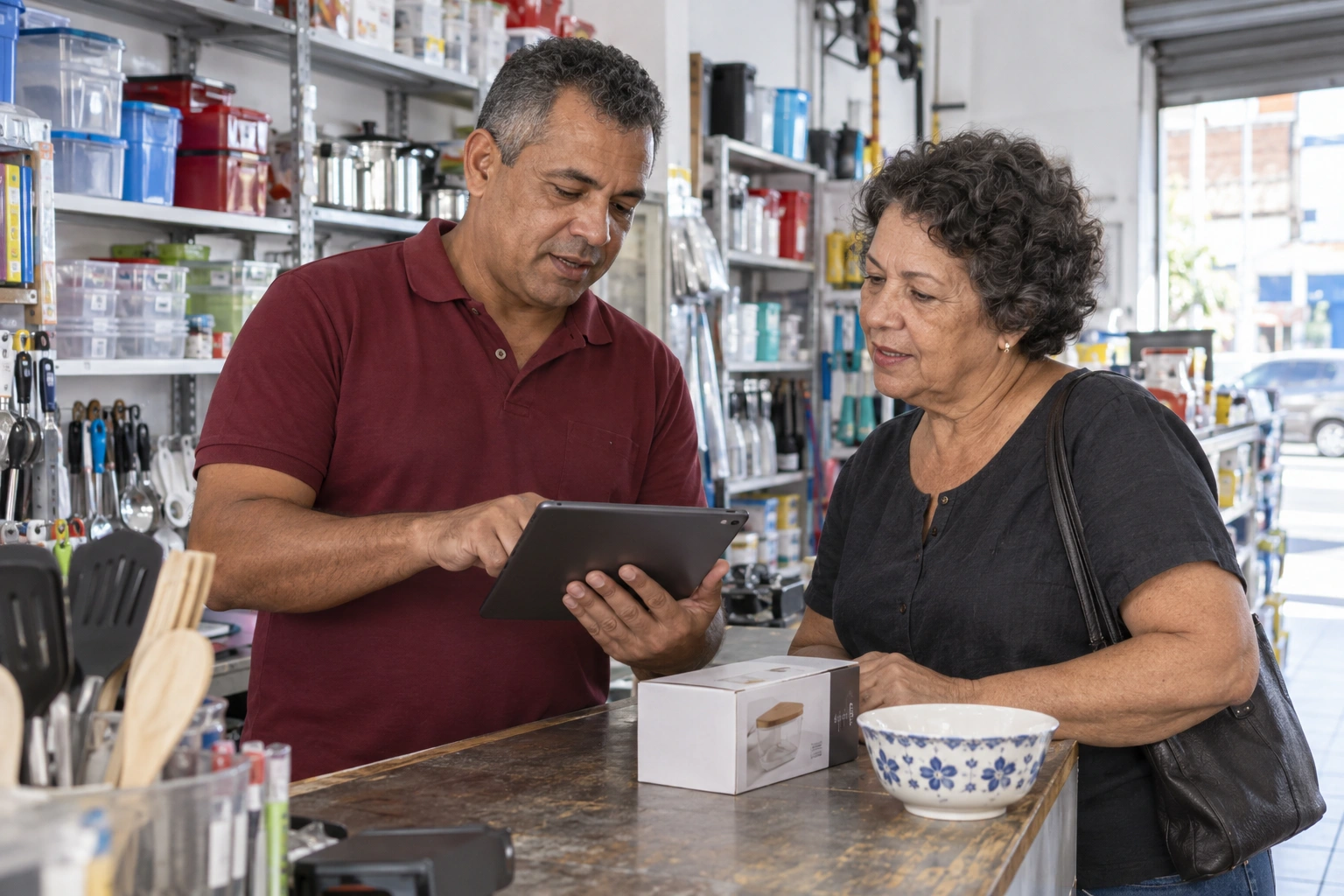 Lojista e cliente consultando um tablet no balcão de uma loja de utilidades