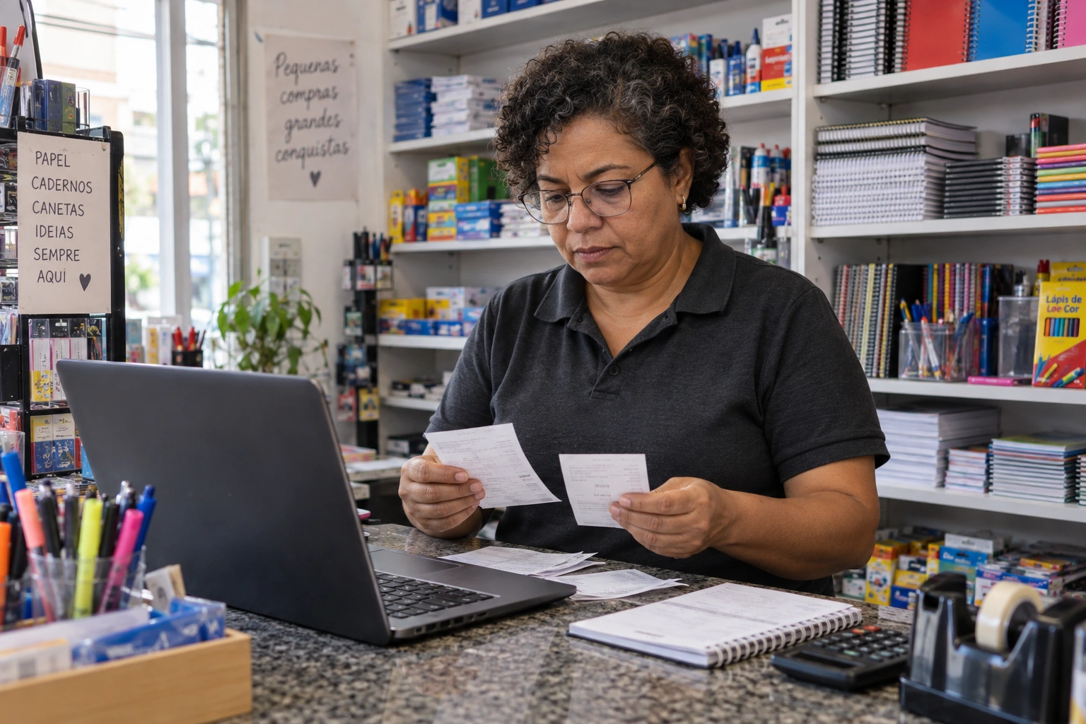 Lojista conferindo recibos ao lado do notebook no balcão de uma papelaria