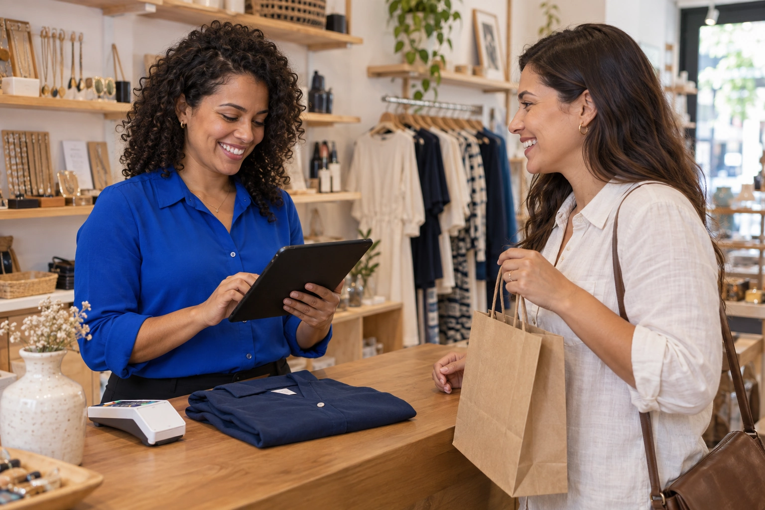 Lojista atendendo uma cliente no balcão e consultando a venda em um tablet