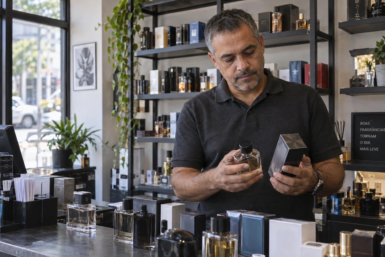Lojista conferindo um frasco e sua embalagem no balcão de uma perfumaria