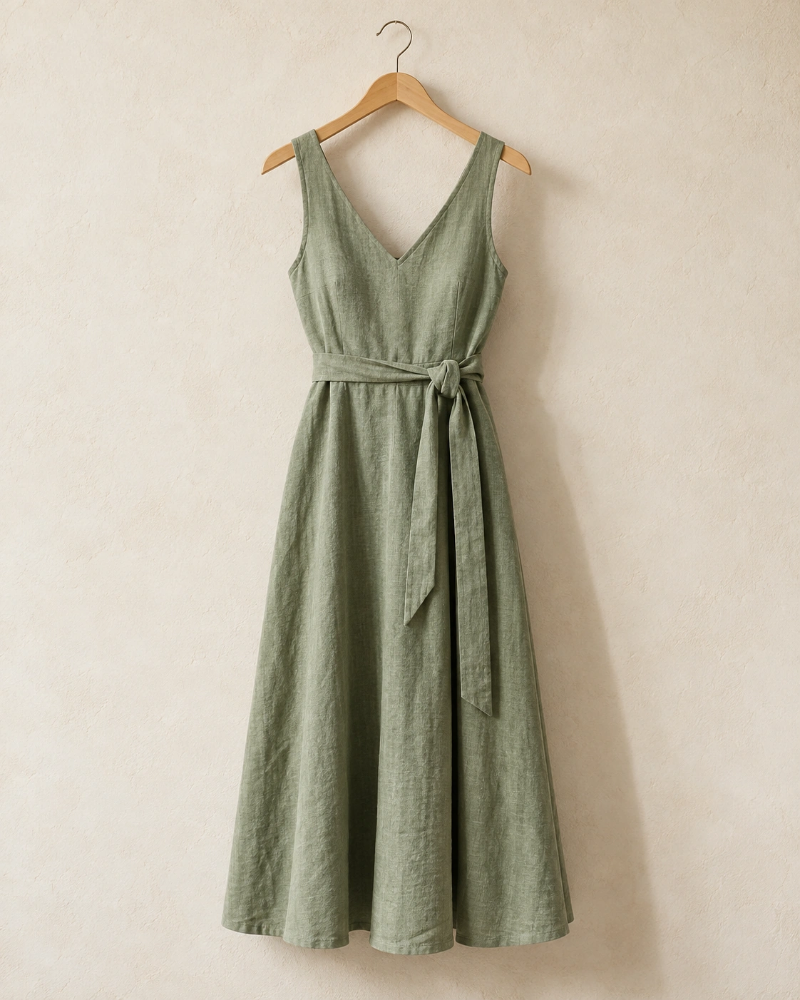 Vestido de linho verde em um cabide, exemplo de peça para um catálogo de roupas